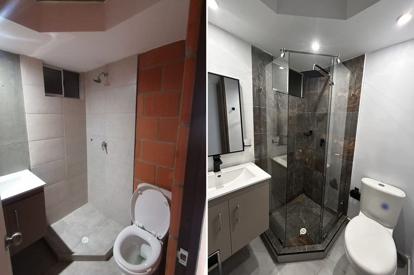 Antes y después de un baño: obra gris con ladrillo a la vista a la izquierda y, a la derecha, ducha con enchape de piedra oscura, puerta de vidrio y mueble de lavamanos