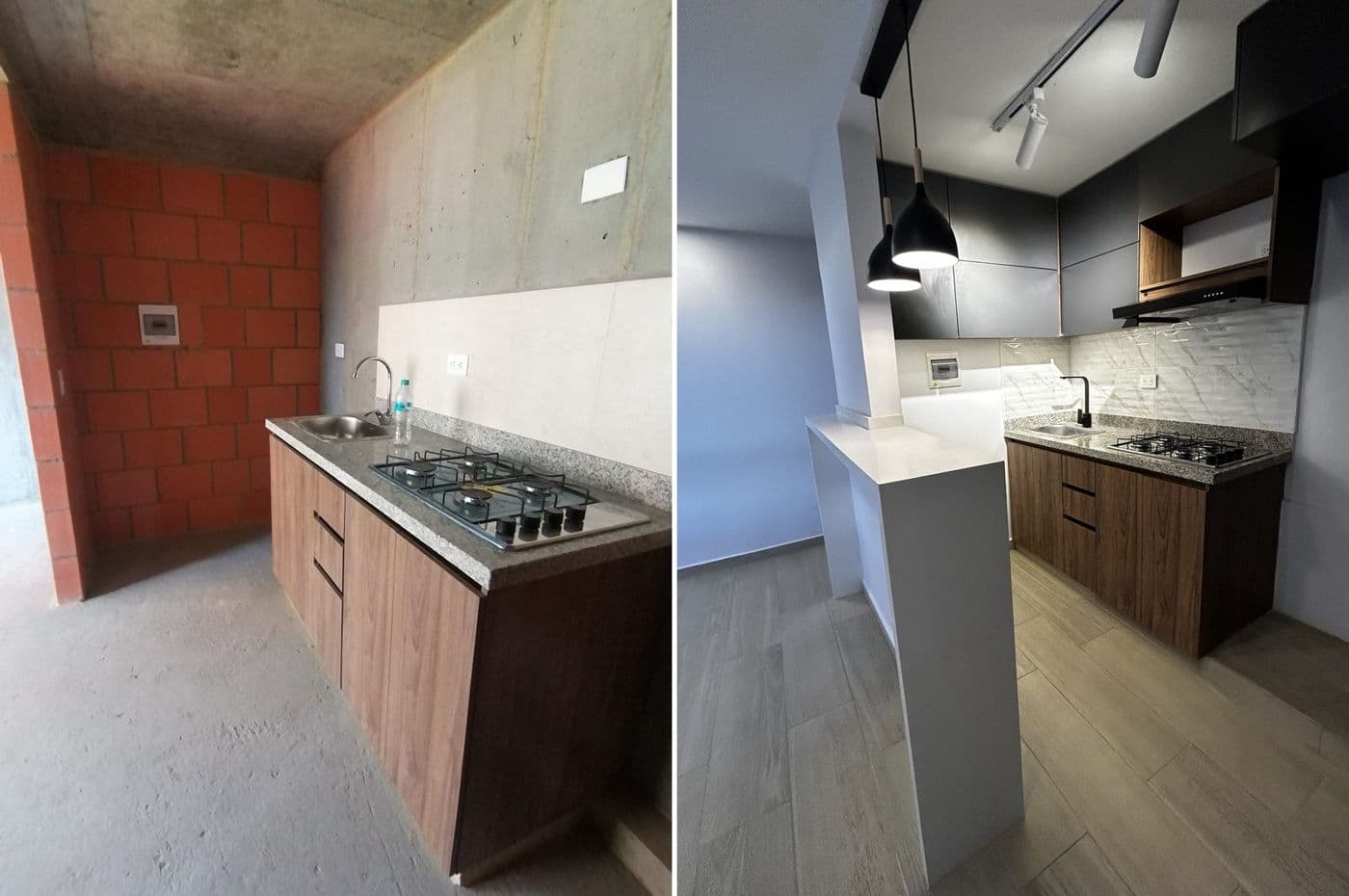 Antes y después de una cocina: obra gris con mesón de granito a la izquierda y, a la derecha, cocina con muebles oscuros, barra blanca, enchape ondulado y piso tipo madera