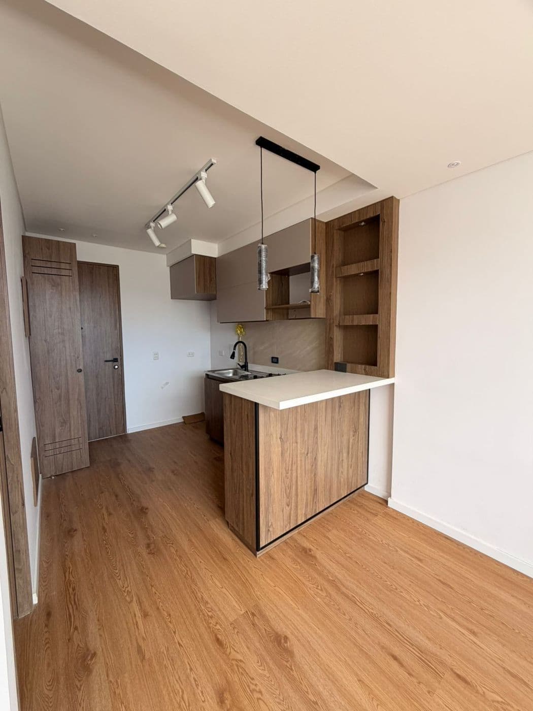 Cocina con barra de cuarzo, closet y puerta de entrada en madera, riel de luces y piso laminado